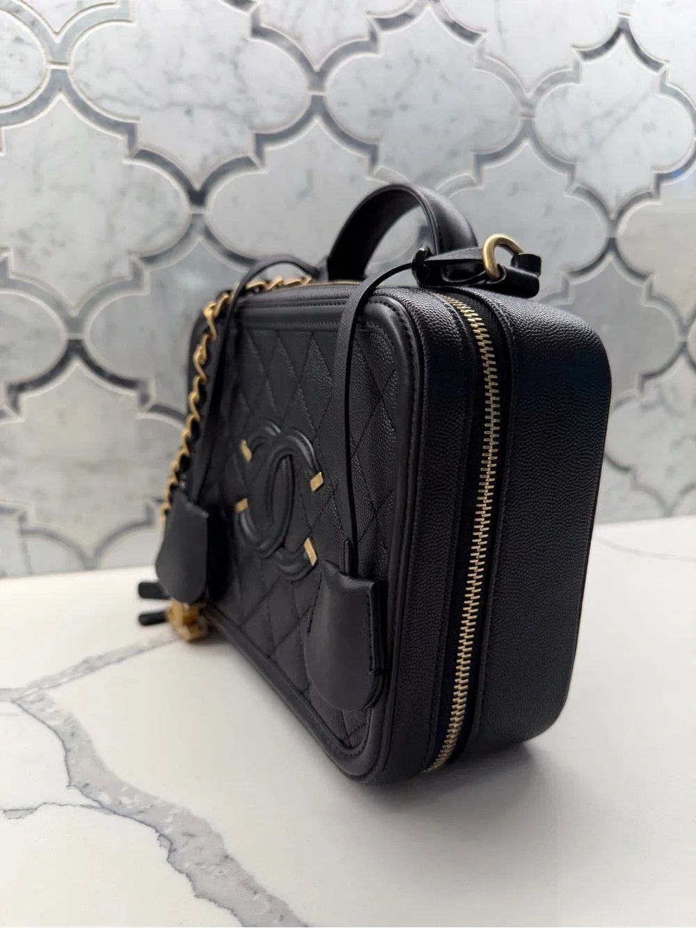 CHANEL Black Caviar Filigree Vanity Crossbody